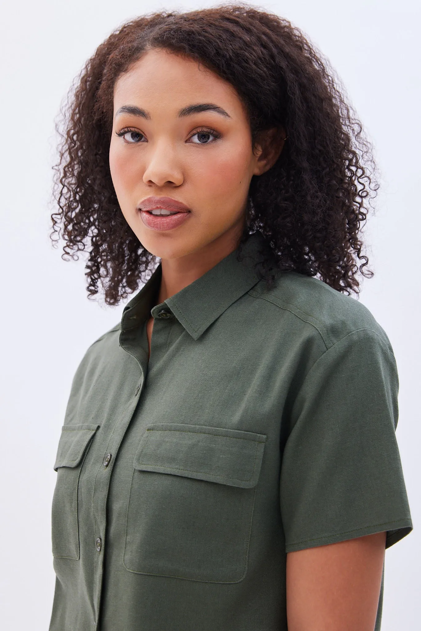 Linen-Blend Cropped Short Sleeve Shirt