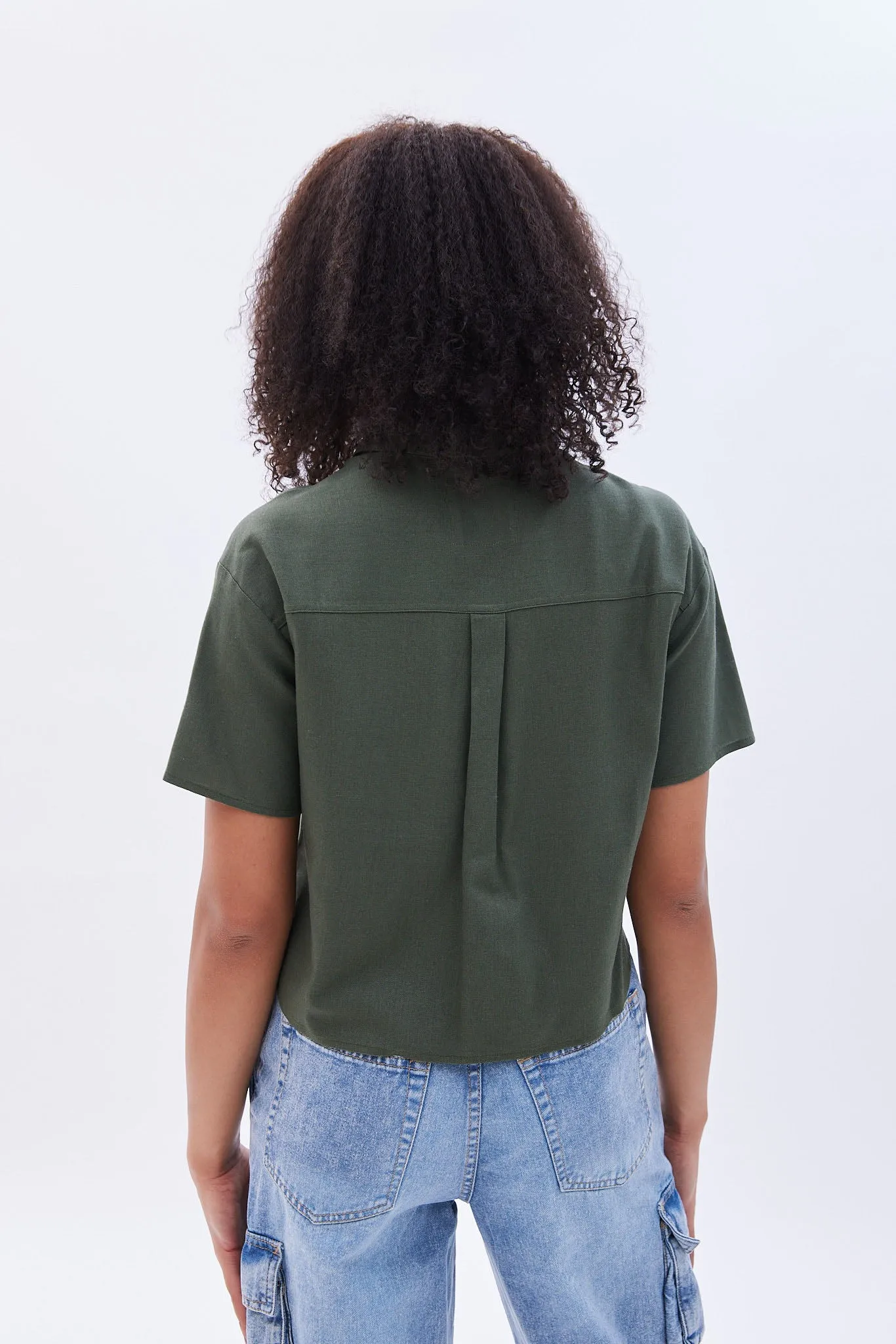 Linen-Blend Cropped Short Sleeve Shirt