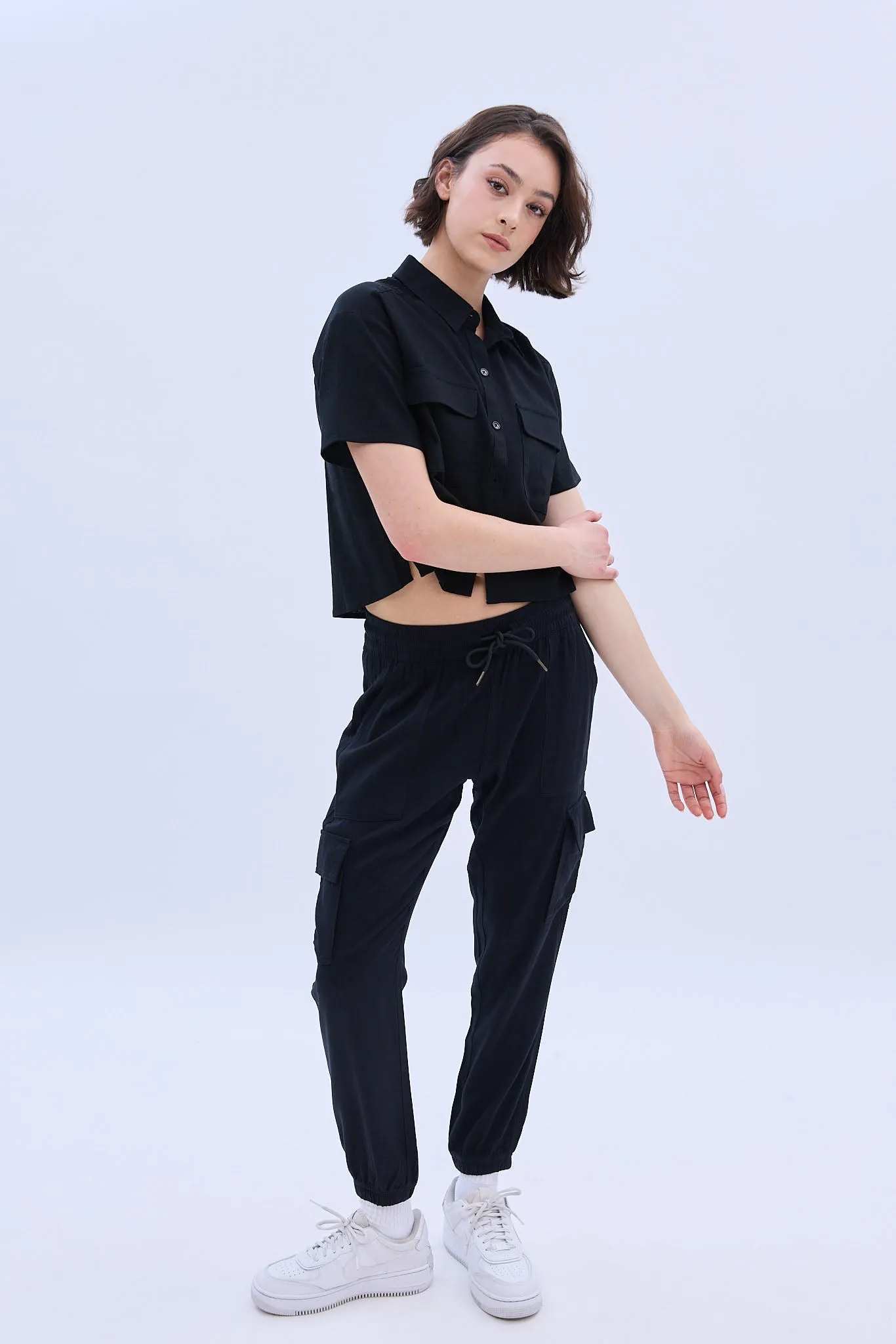 Linen-Blend Cropped Short Sleeve Shirt