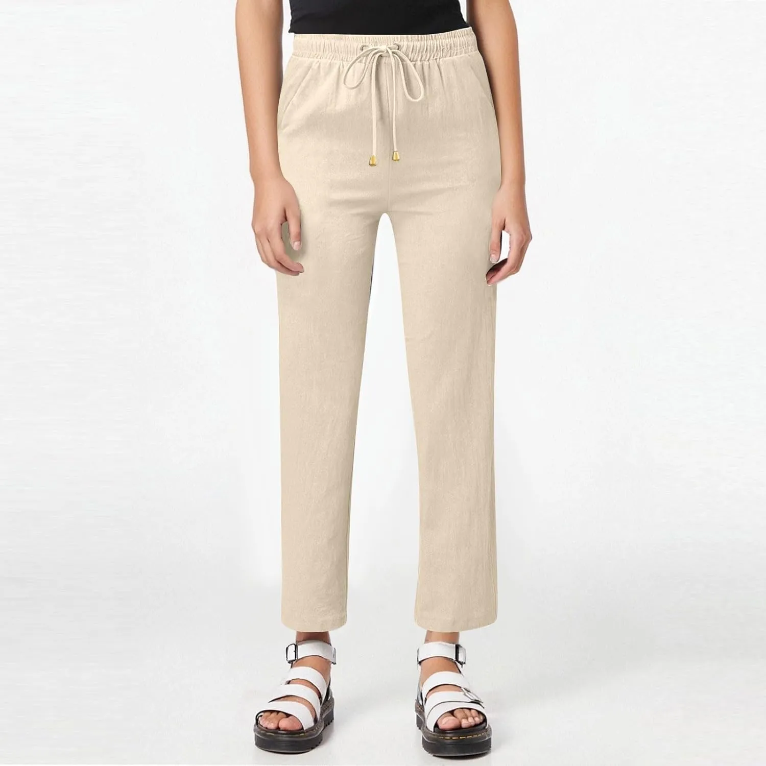 Linen Dress Pants Women Summer Casual Cotton Straight Leg Pants Elastic High Waisted Business Work Pants with Pockets