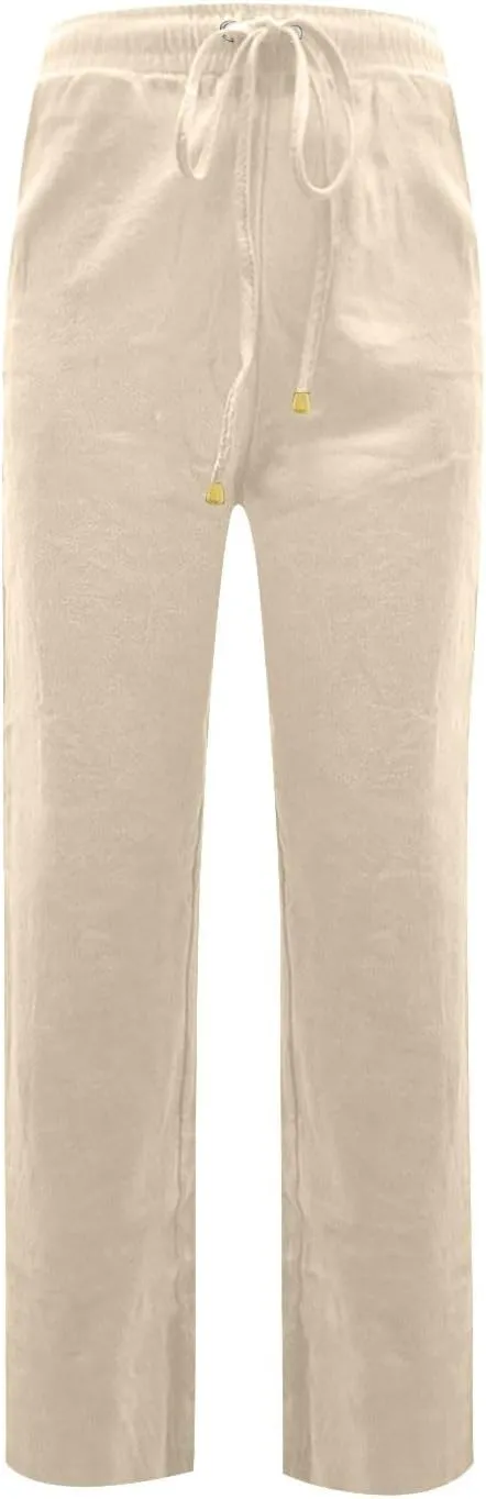 Linen Dress Pants Women Summer Casual Cotton Straight Leg Pants Elastic High Waisted Business Work Pants with Pockets