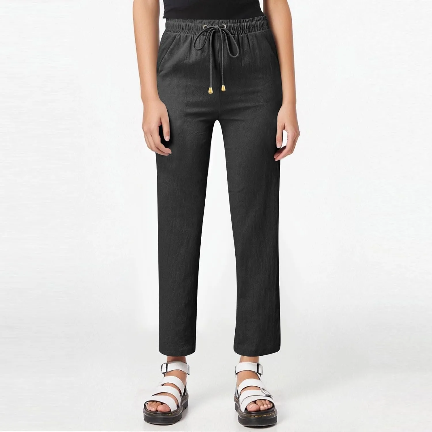 Linen Dress Pants Women Summer Casual Cotton Straight Leg Pants Elastic High Waisted Business Work Pants with Pockets