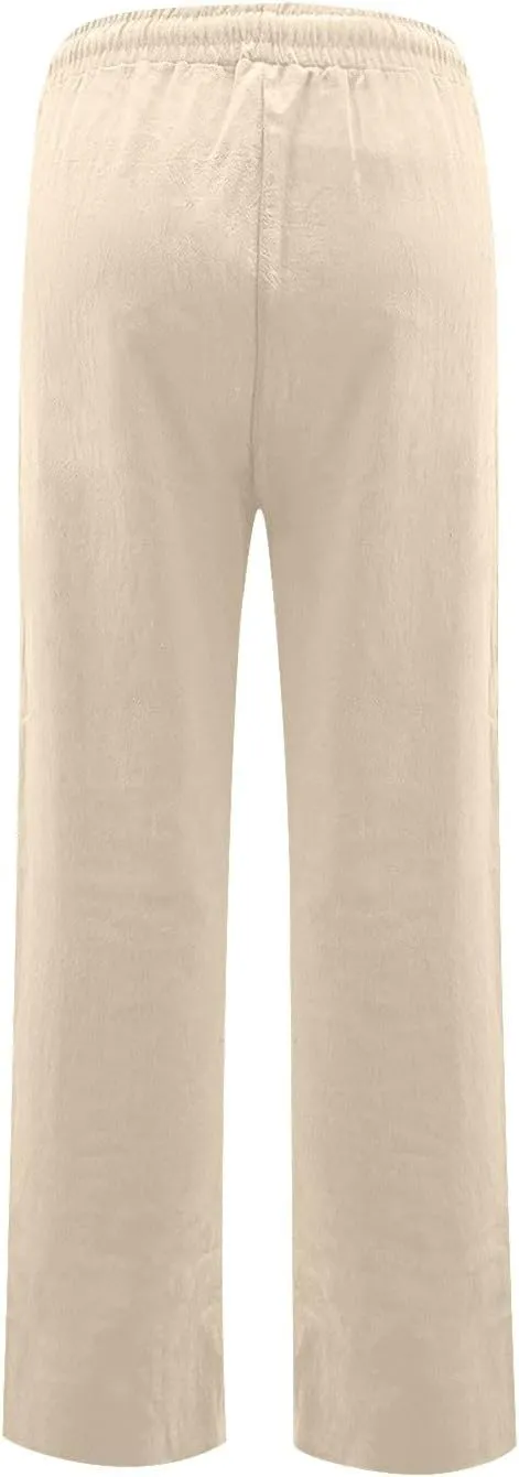 Linen Dress Pants Women Summer Casual Cotton Straight Leg Pants Elastic High Waisted Business Work Pants with Pockets