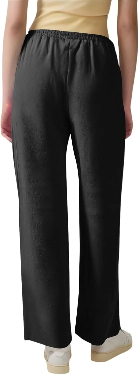 Linen Dress Pants Women Summer Casual Cotton Straight Leg Pants Elastic High Waisted Business Work Pants with Pockets