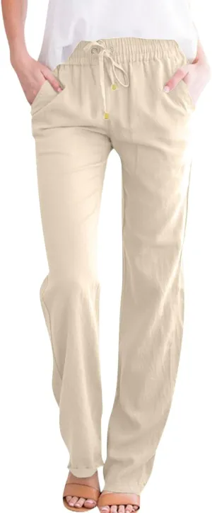 Linen Dress Pants Women Summer Casual Cotton Straight Leg Pants Elastic High Waisted Business Work Pants with Pockets