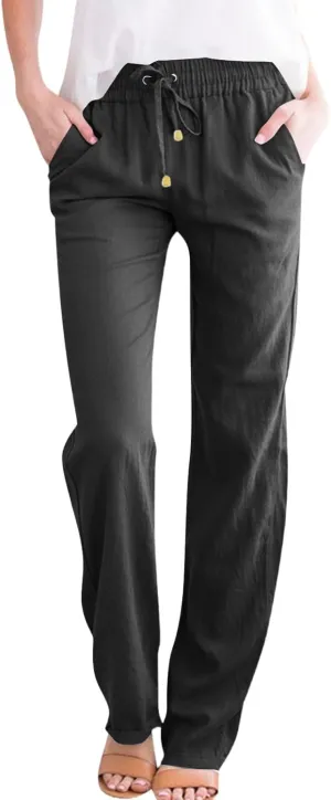 Linen Dress Pants Women Summer Casual Cotton Straight Leg Pants Elastic High Waisted Business Work Pants with Pockets
