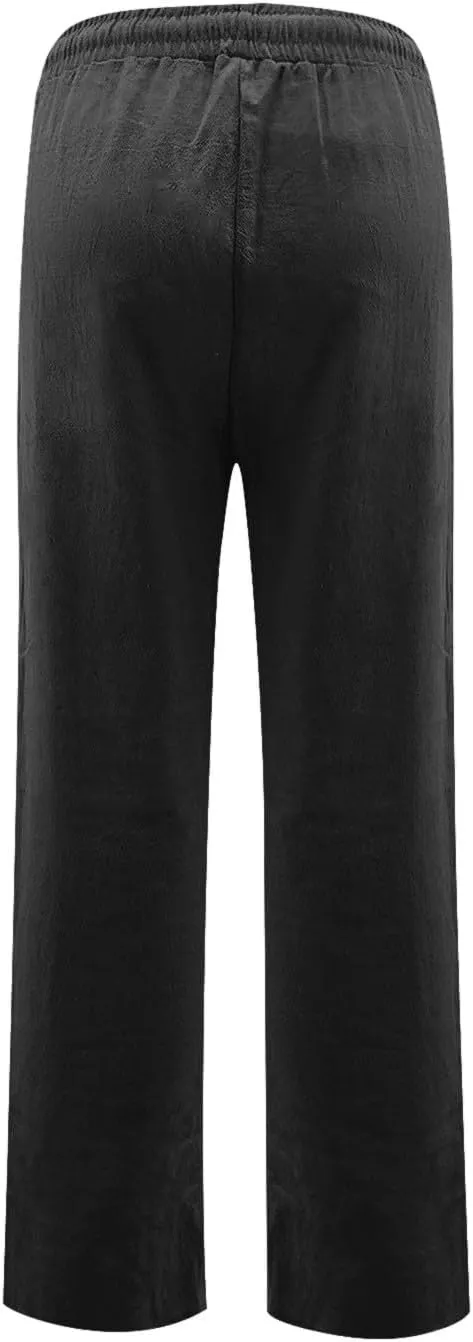 Linen Dress Pants Women Summer Casual Cotton Straight Leg Pants Elastic High Waisted Business Work Pants with Pockets