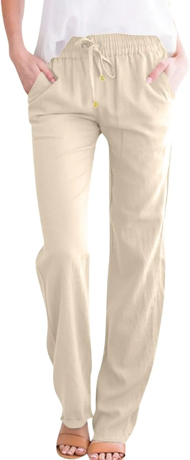 Linen Dress Pants Women Summer Casual Cotton Straight Leg Pants Elastic High Waisted Business Work Pants with Pockets