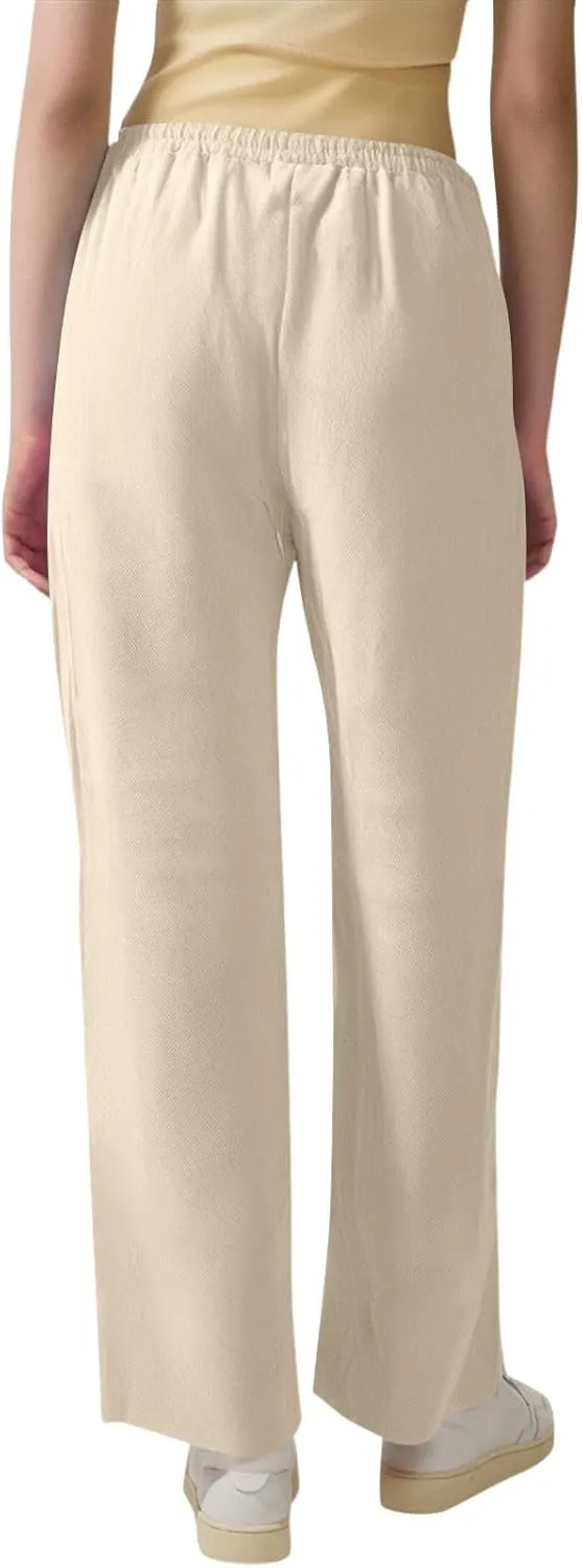 Linen Dress Pants Women Summer Casual Cotton Straight Leg Pants Elastic High Waisted Business Work Pants with Pockets