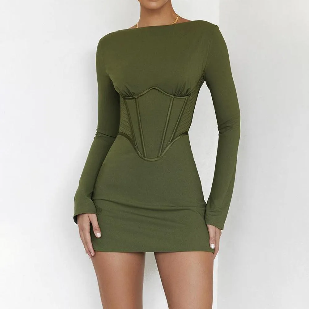 Long-sleeved fish bone waist slim backless dress