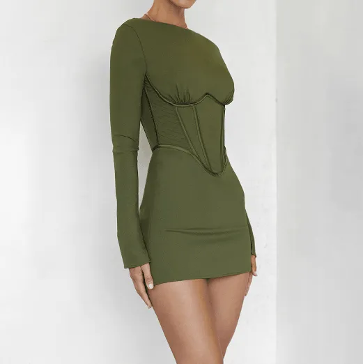 Long-sleeved fish bone waist slim backless dress