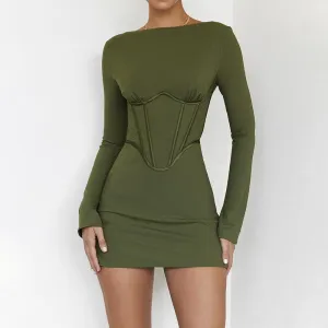 Long-sleeved fish bone waist slim backless dress