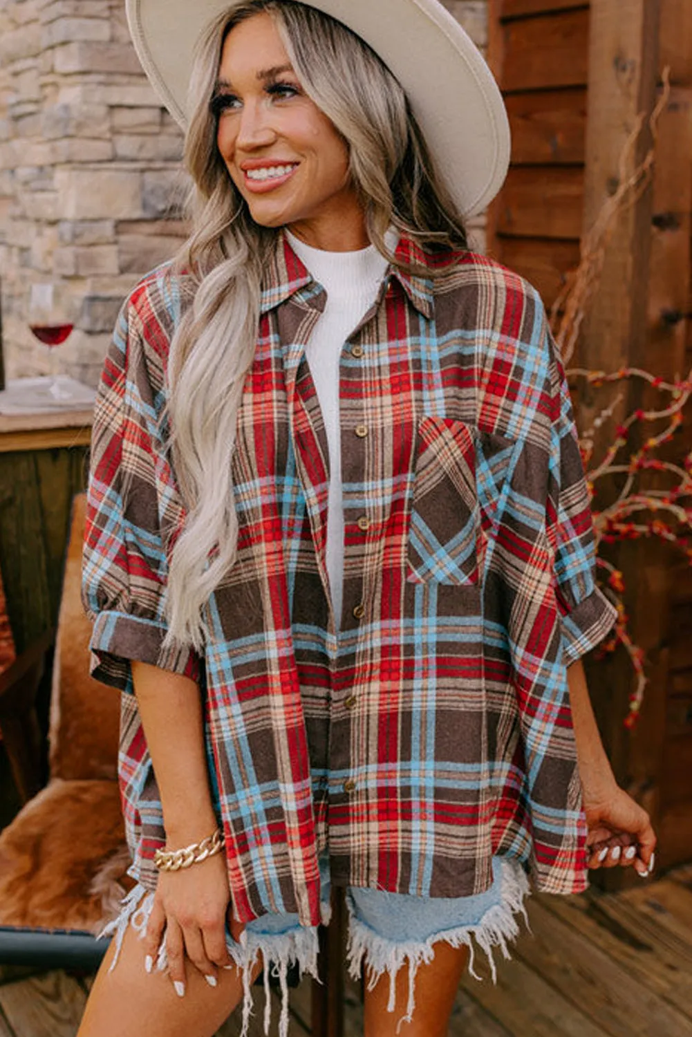 Loose Bracelet Sleeve Plaid Shirt