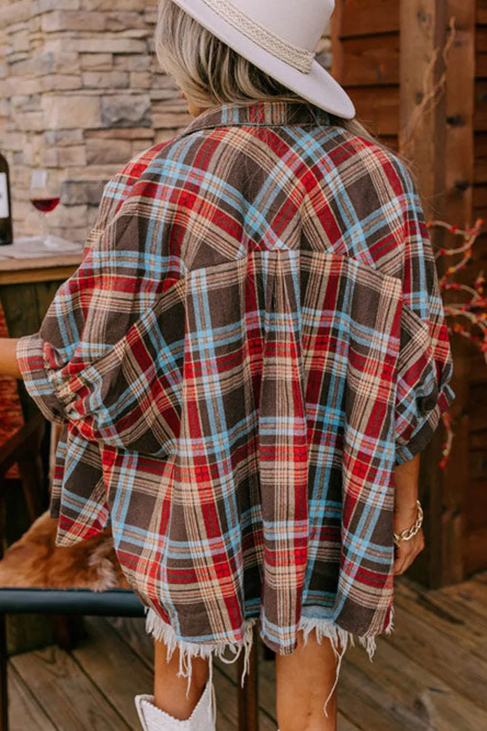 Loose Bracelet Sleeve Plaid Shirt