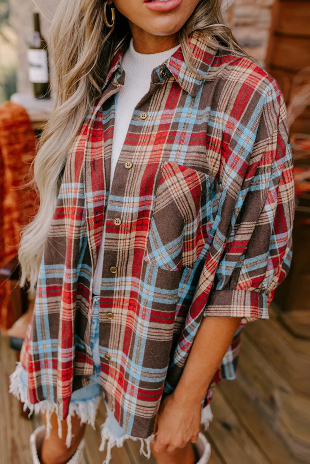 Loose Bracelet Sleeve Plaid Shirt