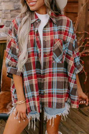 Loose Bracelet Sleeve Plaid Shirt