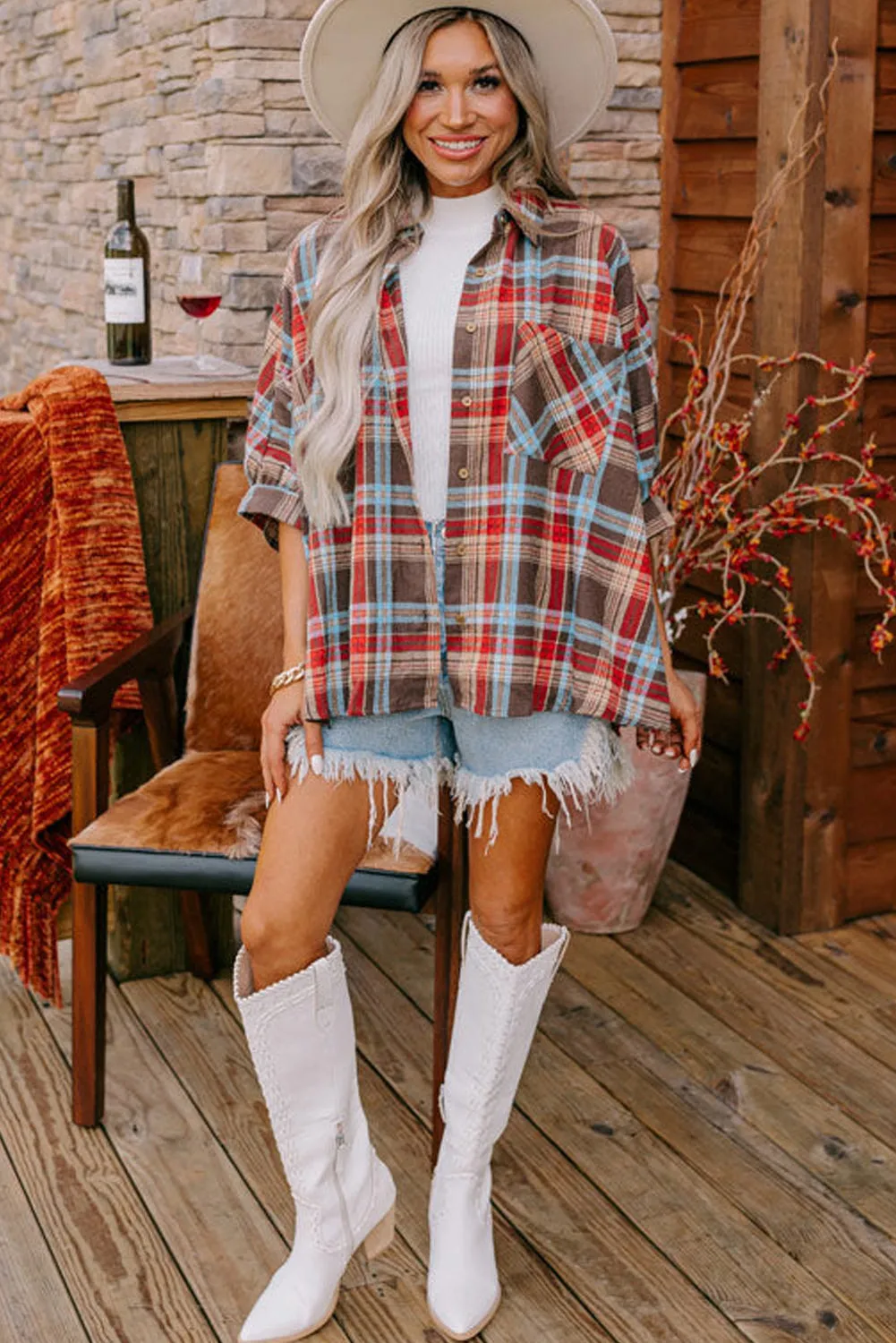Loose Bracelet Sleeve Plaid Shirt