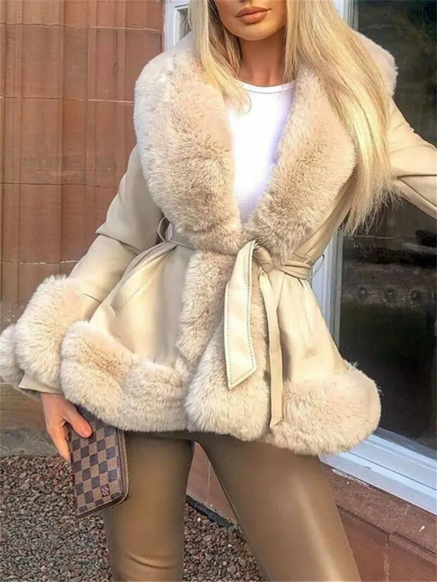 LVSANW wsevypo Furry Trim Patchwork PU Leather Jackets Women Fashion Contrast Color Plush Collar Warm Cardigan with Belt Warm Outwear