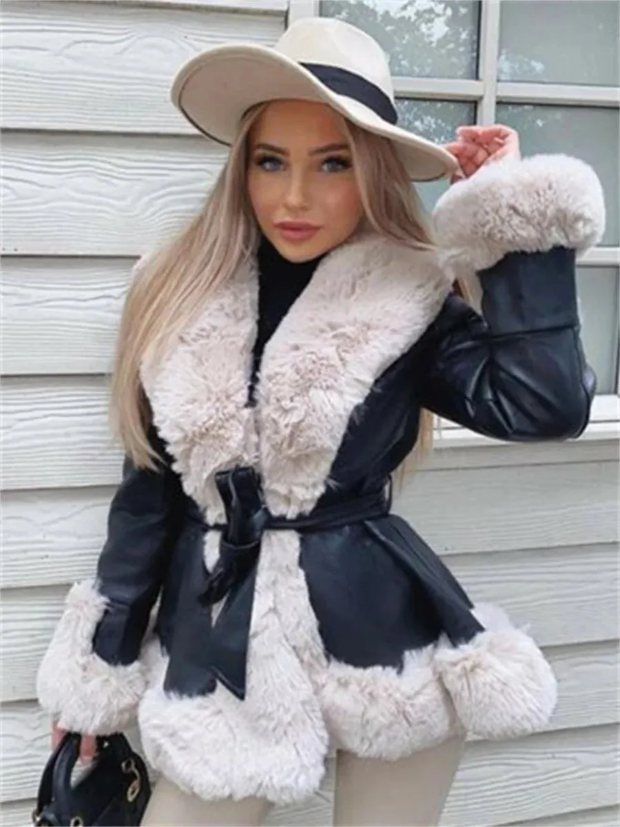 LVSANW wsevypo Furry Trim Patchwork PU Leather Jackets Women Fashion Contrast Color Plush Collar Warm Cardigan with Belt Warm Outwear