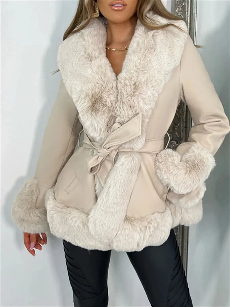 LVSANW wsevypo Furry Trim Patchwork PU Leather Jackets Women Fashion Contrast Color Plush Collar Warm Cardigan with Belt Warm Outwear