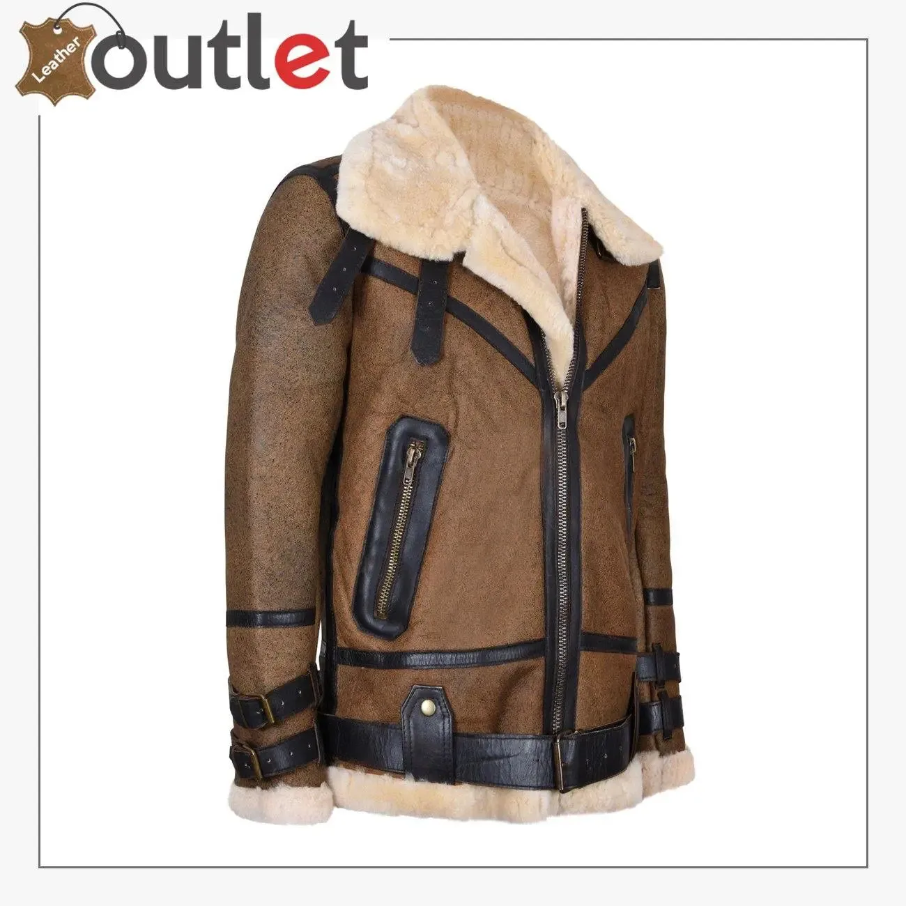 Mens Brown Vintage Pilot B3 Sheepskin Flying Leather Jacket