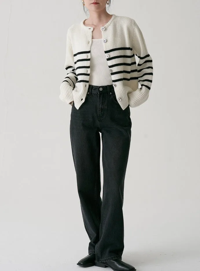 Mid Stripe Wool Cardigan in White