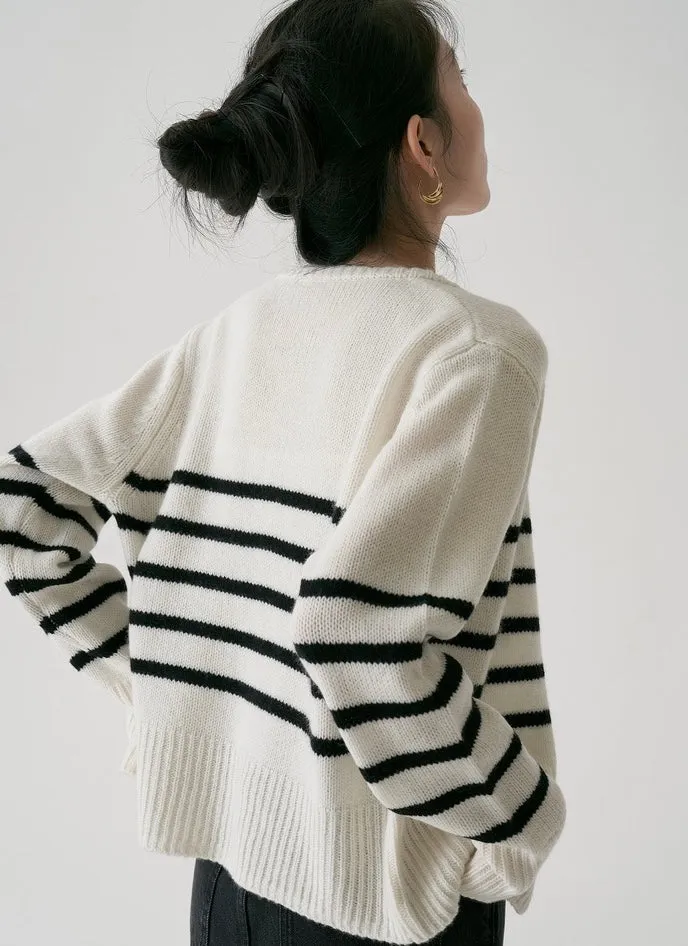 Mid Stripe Wool Cardigan in White