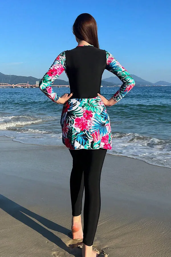 Muslim Modest Contrast Floral Print Long Sleeve Burkini Set UPF50  Rash Guard With Skirt And Pants