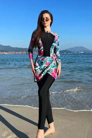 Muslim Modest Contrast Floral Print Long Sleeve Burkini Set UPF50  Rash Guard With Skirt And Pants