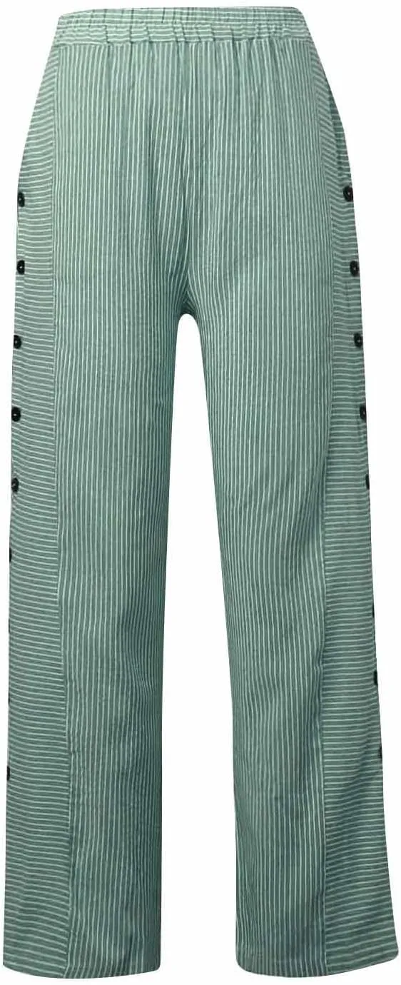 NBXNZWF Women Striped Linen Pants Casual High Waisted Wide Leg Cropped Pants Straight Leg Side Button Trousers with Pocket