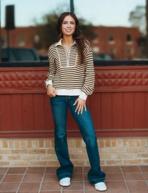 Olive Striped 1/2 Zip Pullover T25405