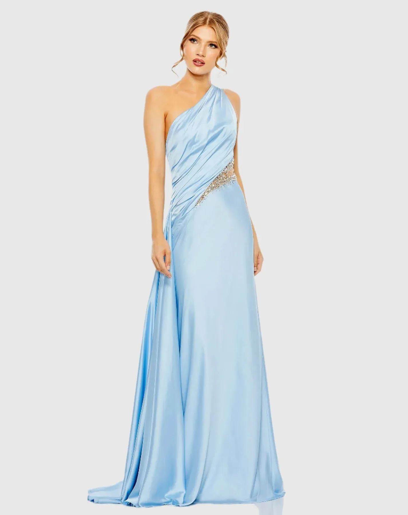 One shoulder embellished satin gown - Blue