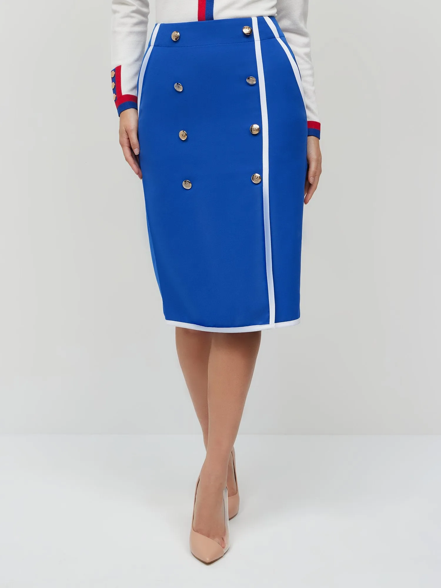 Piped Button-Front Pencil Skirt