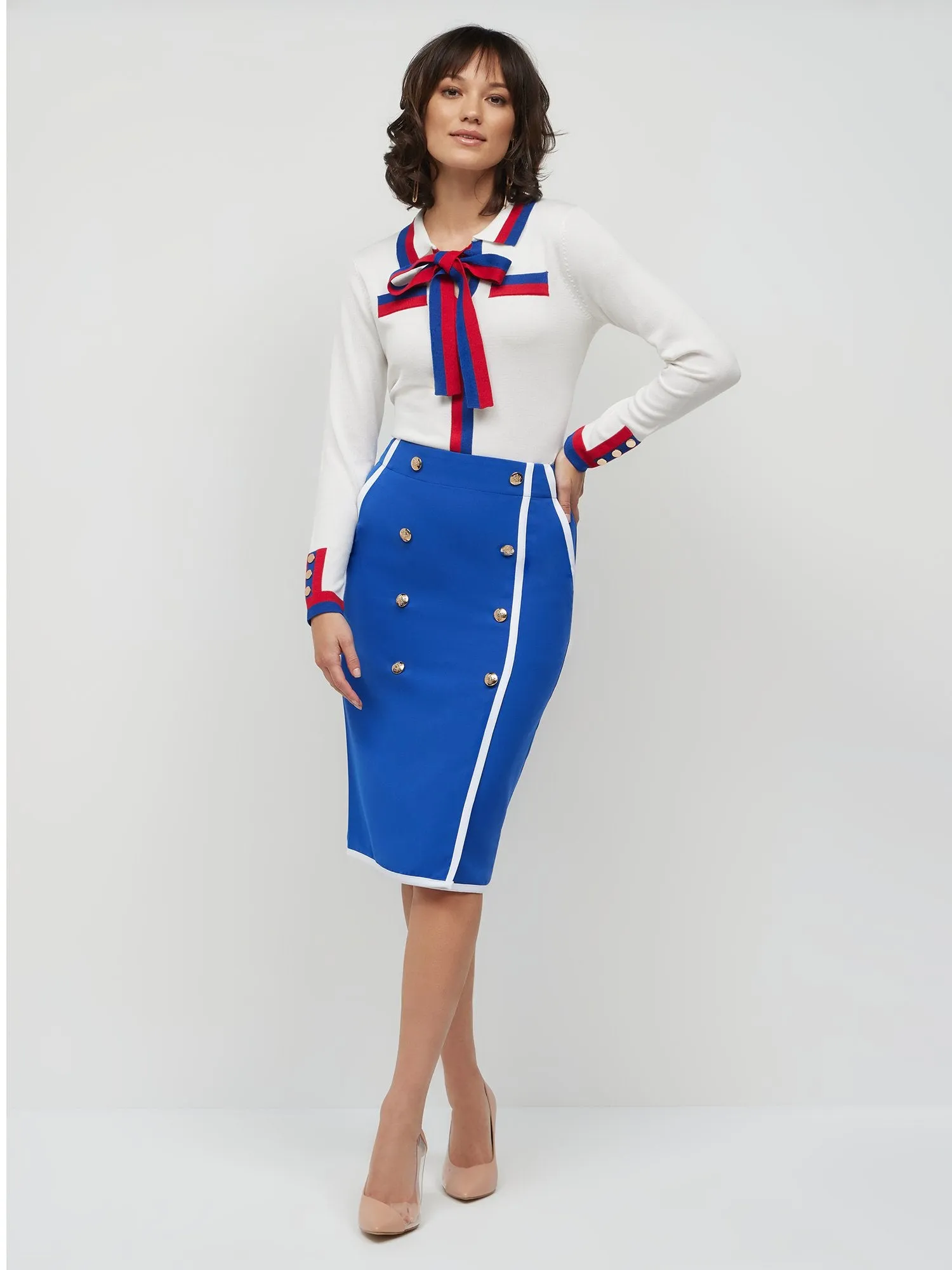 Piped Button-Front Pencil Skirt