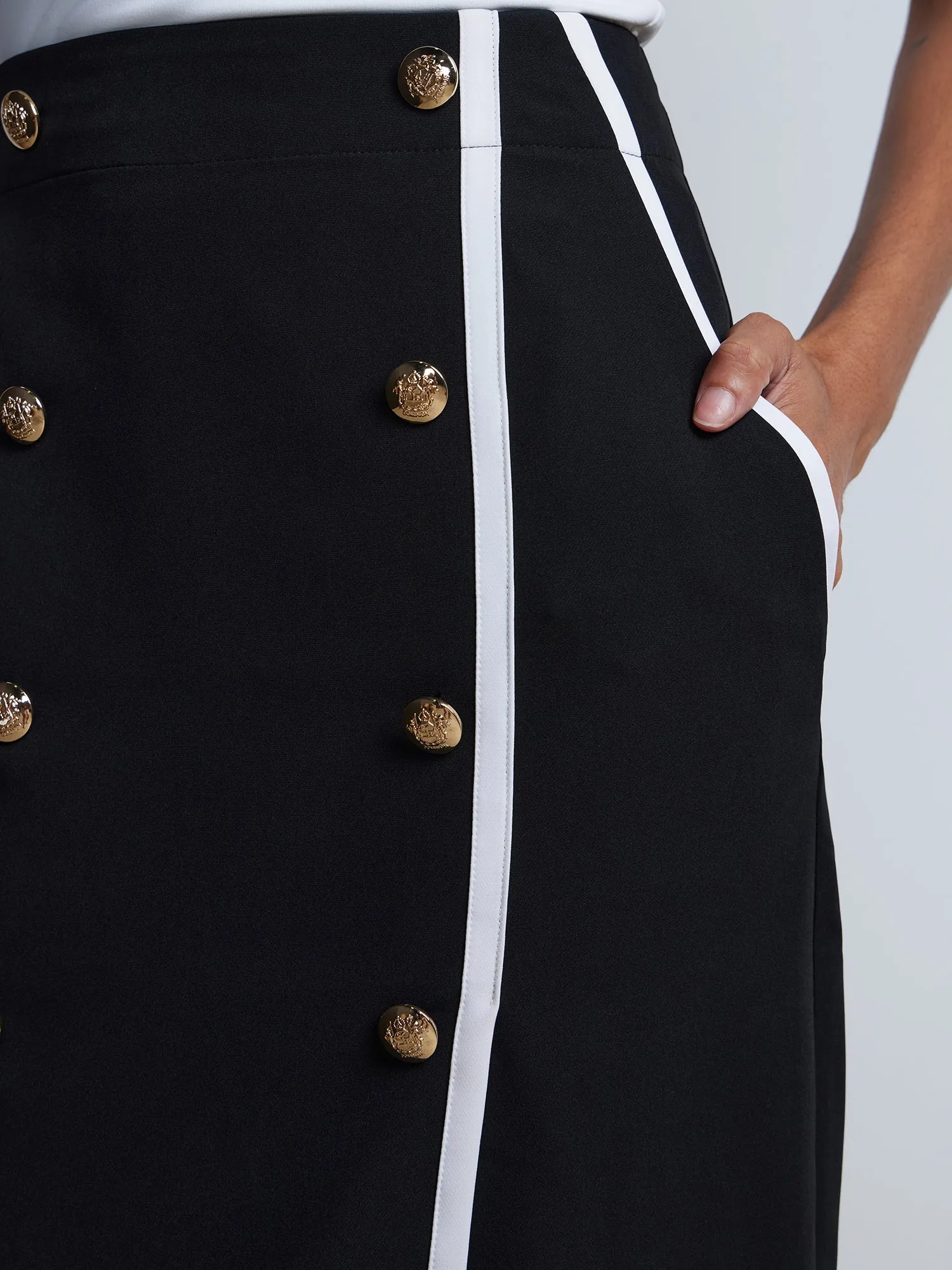 Piped Button-Front Pencil Skirt