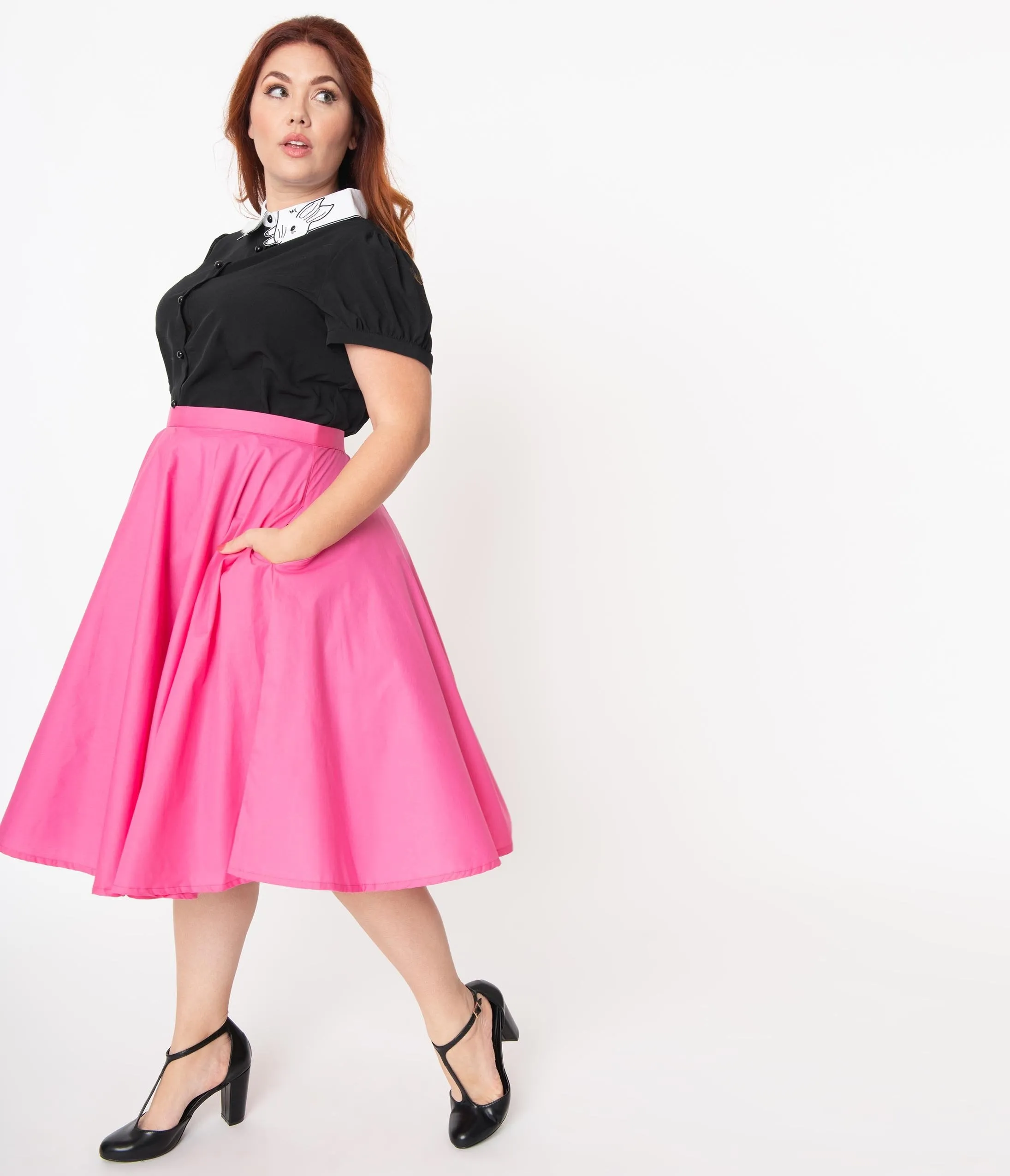 Plus Size 1950s Style Solid Fuchsia Pink Swing Skirt