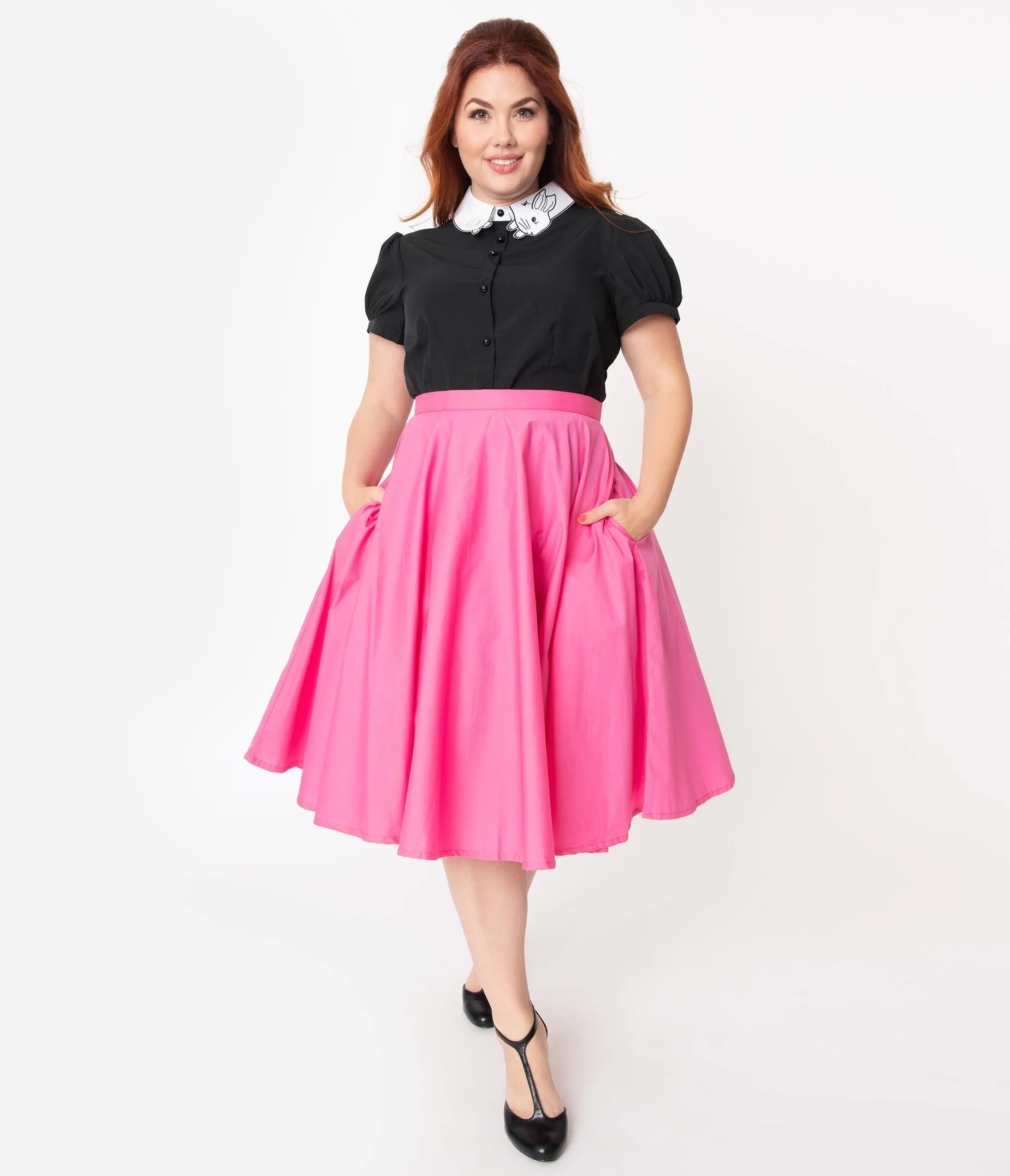 Plus Size 1950s Style Solid Fuchsia Pink Swing Skirt