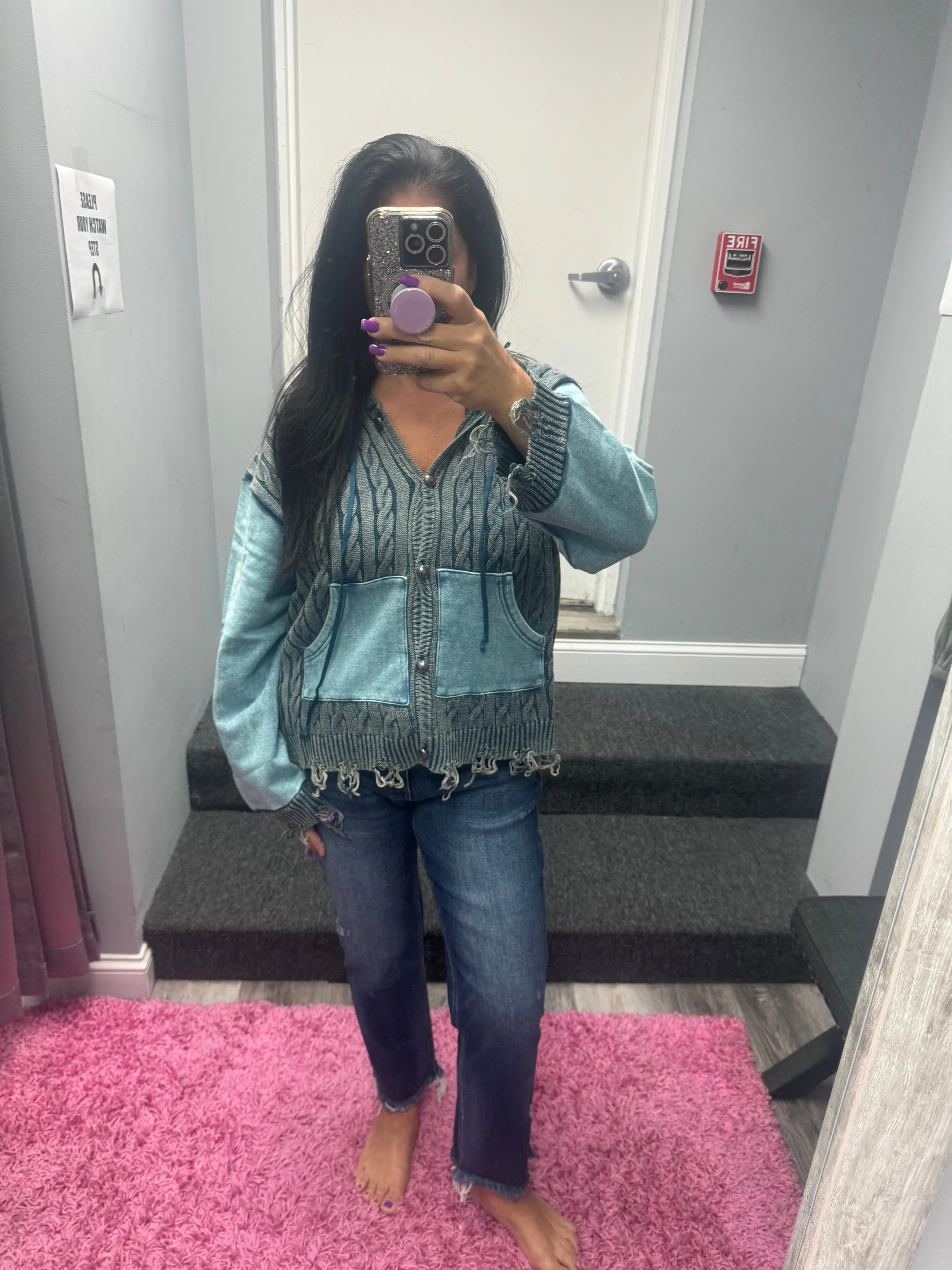 POL Vintage washed front pockets distressed cardigan - Blue Heather or Olive