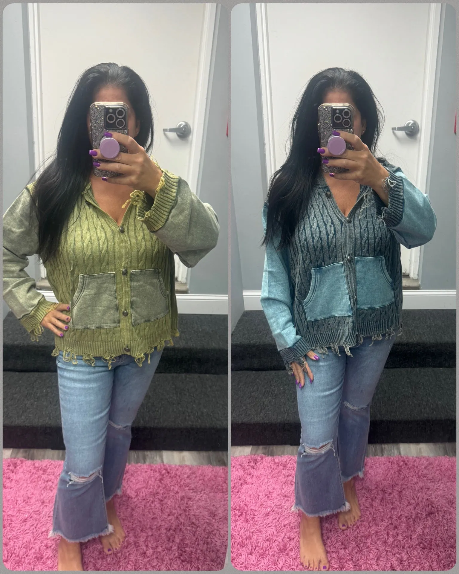 POL Vintage washed front pockets distressed cardigan - Blue Heather or Olive