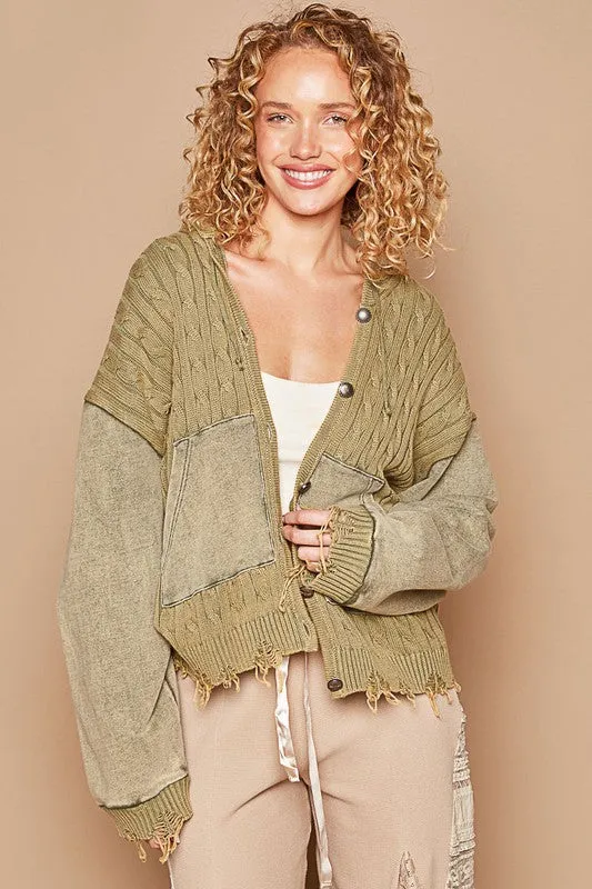POL Vintage washed front pockets distressed cardigan - Blue Heather or Olive