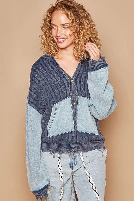 POL Vintage washed front pockets distressed cardigan - Blue Heather or Olive