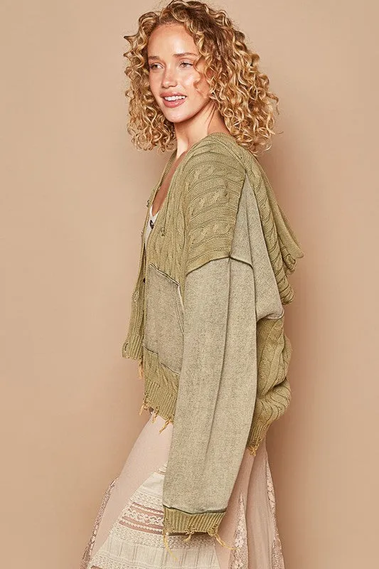 POL Vintage washed front pockets distressed cardigan - Blue Heather or Olive