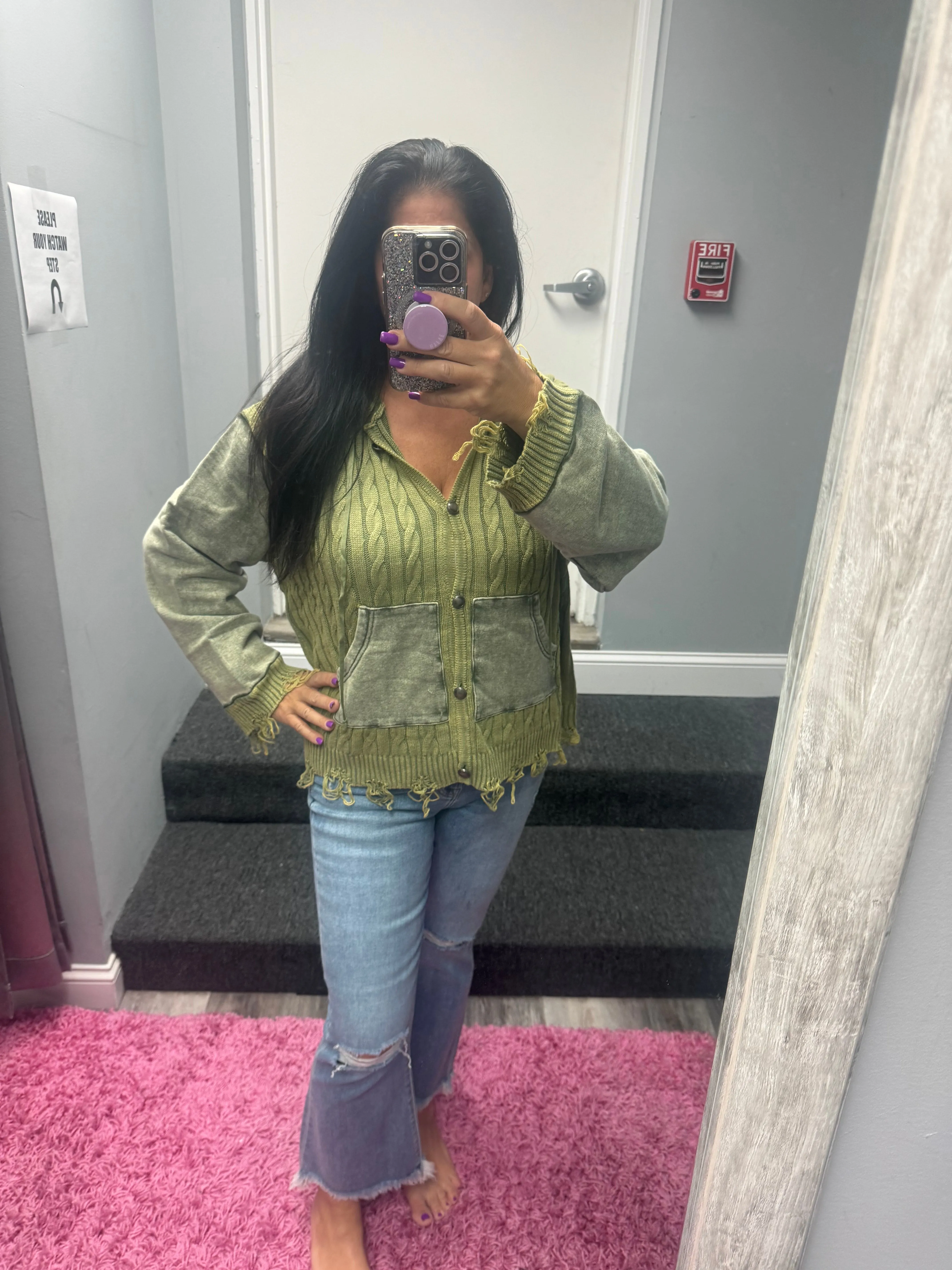 POL Vintage washed front pockets distressed cardigan - Blue Heather or Olive