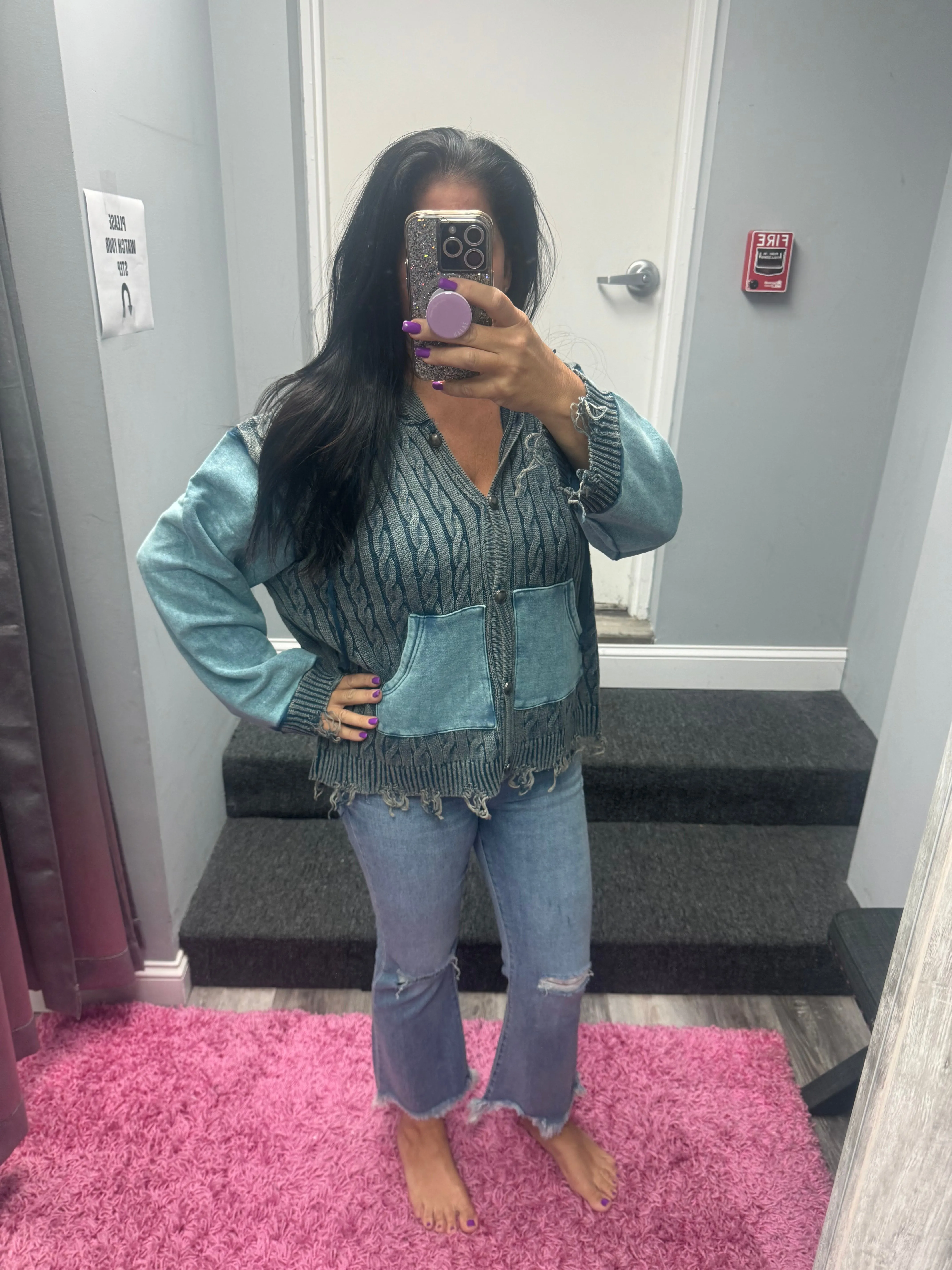 POL Vintage washed front pockets distressed cardigan - Blue Heather or Olive