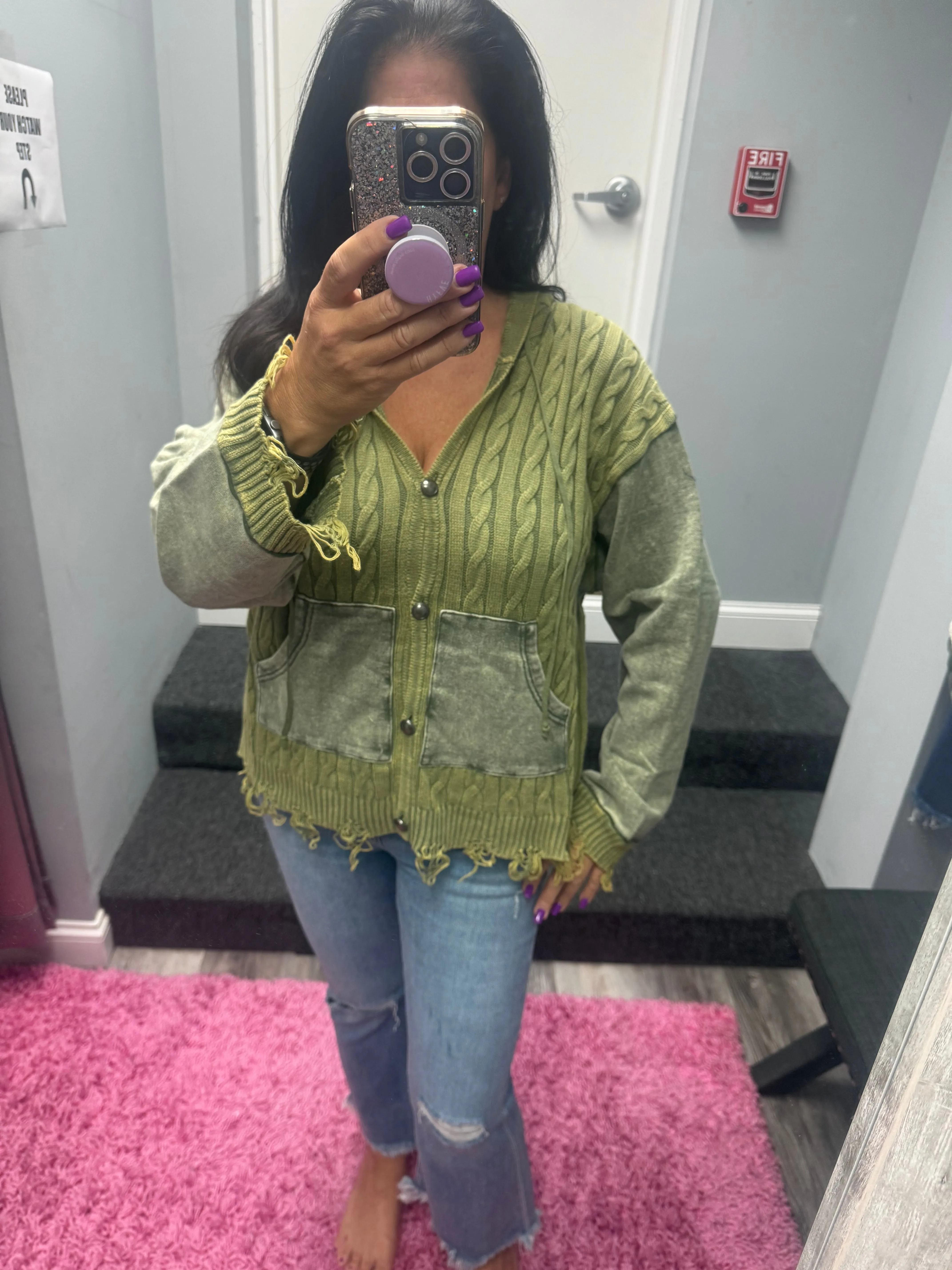POL Vintage washed front pockets distressed cardigan - Blue Heather or Olive