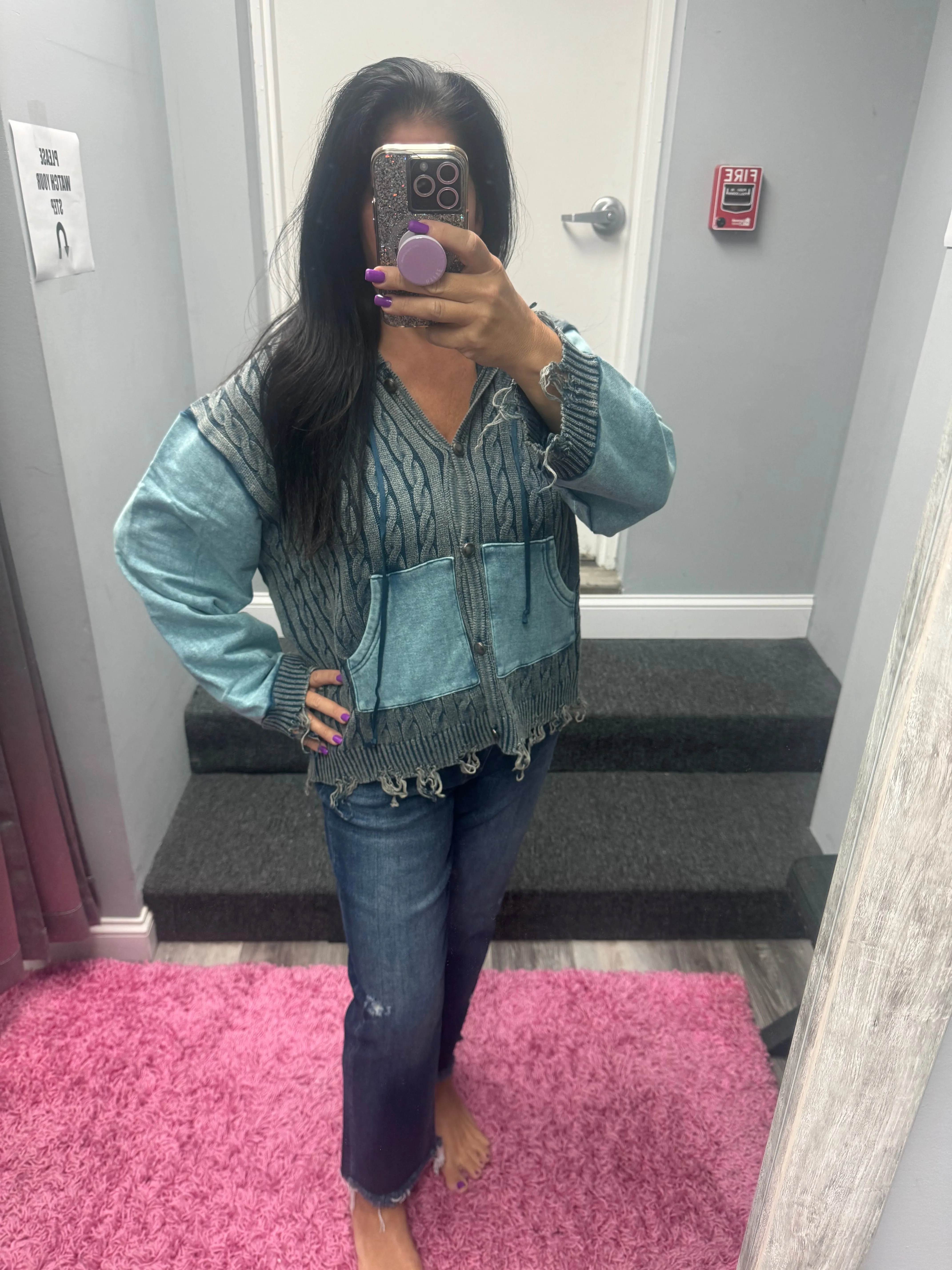 POL Vintage washed front pockets distressed cardigan - Blue Heather or Olive