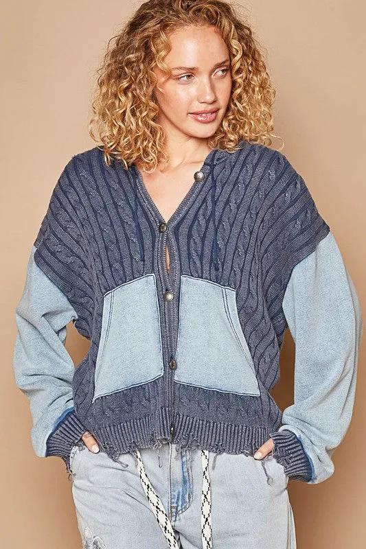POL Vintage washed front pockets distressed cardigan - Blue Heather or Olive