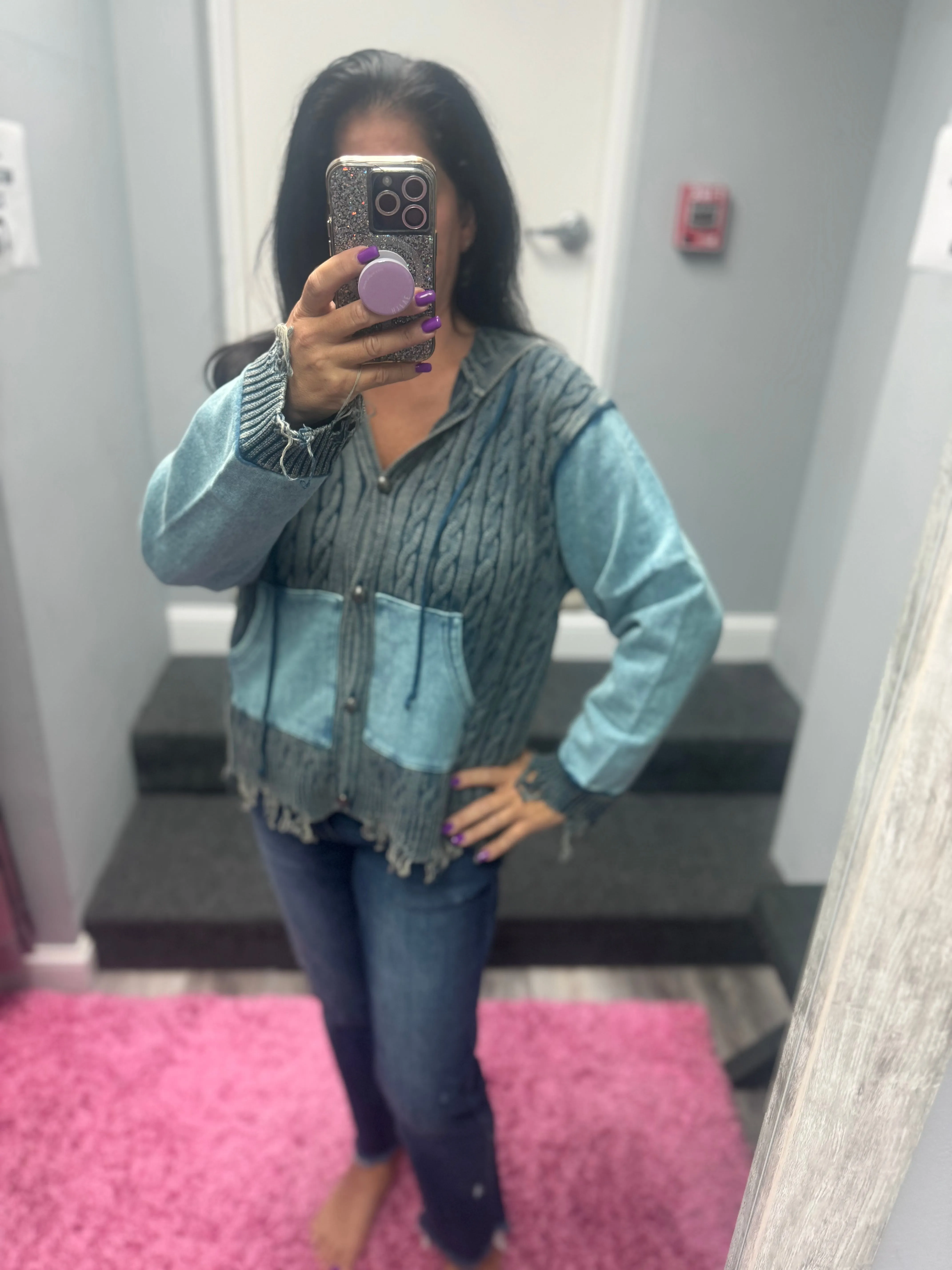POL Vintage washed front pockets distressed cardigan - Blue Heather or Olive