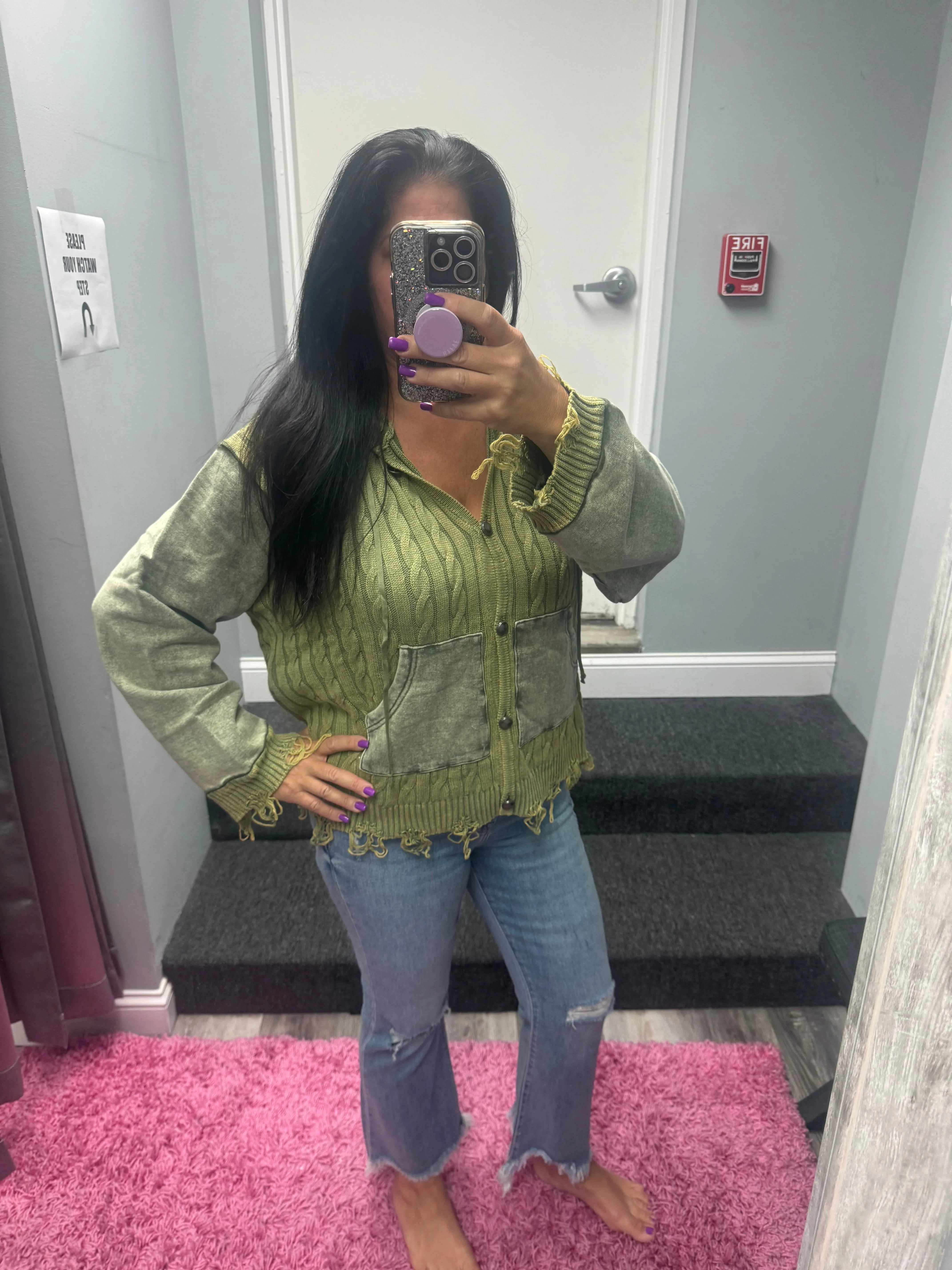 POL Vintage washed front pockets distressed cardigan - Blue Heather or Olive