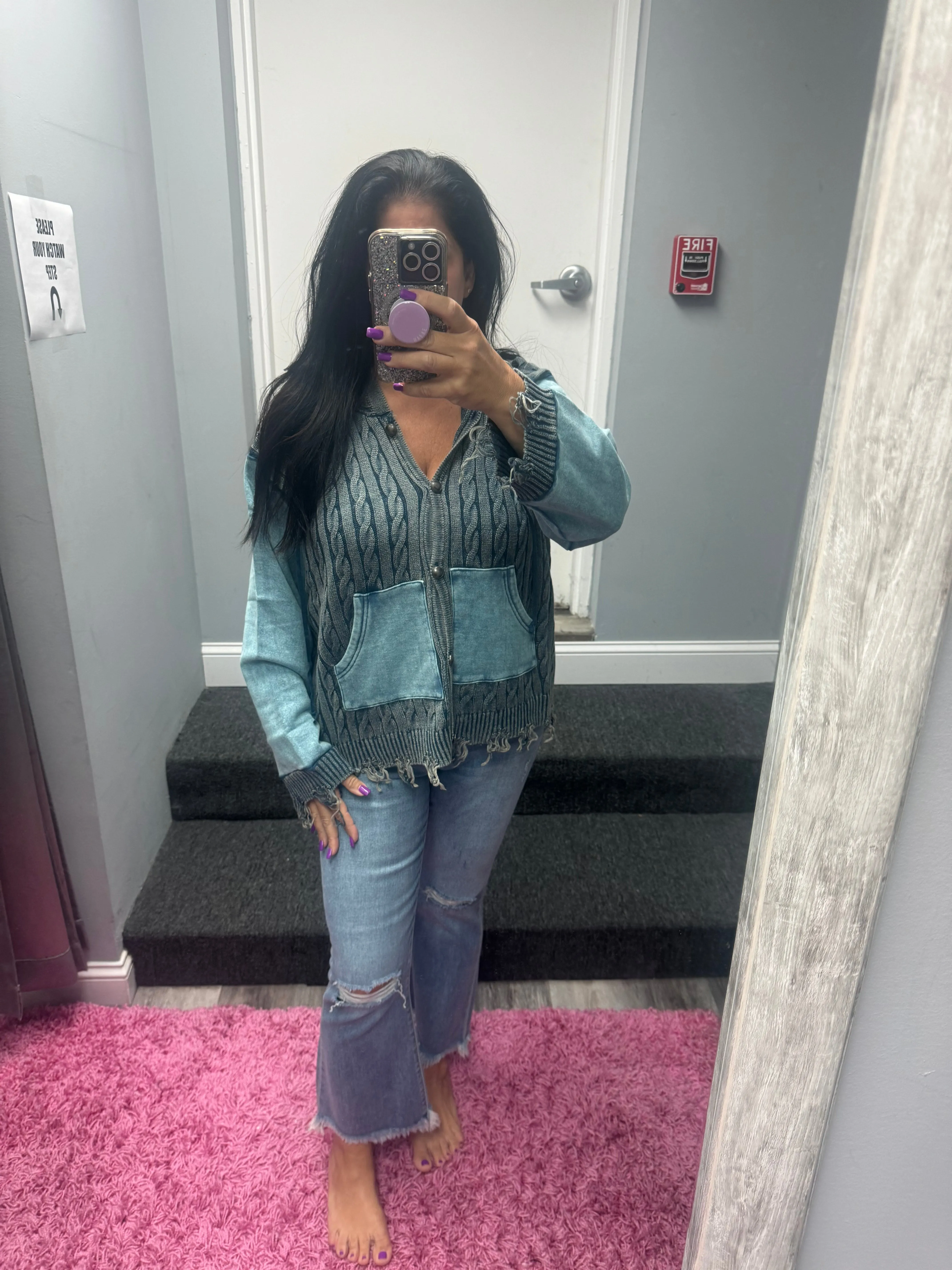 POL Vintage washed front pockets distressed cardigan - Blue Heather or Olive